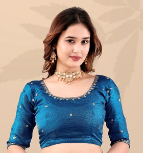Elegant Blue Embroidered Frendi Silk <b>Saree</b> with Gold Work Blouse Quick Dry All Seasons Indian Party Wear <b>for</b> <b>Women</b> - Product Image 6
