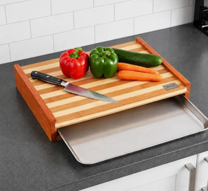 เขียงไม้ไผ่ทรงสี่เหลี่ยมพร้อมถาดโลหะอเนกประสงค์สำหรับหั่นอาหารในครัว - Product Image 1