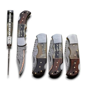 Couteau pliant EDC ergonomique en corne de cerf et bois de rose, acier Damas cuivré, 1 lame, facile à transporter, OEM DIY, pour voyage, randonnée, pêche - Product Image 1