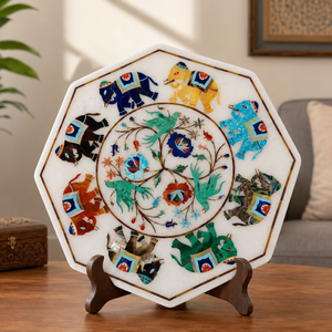 Handmade Marble Inlay <b>Elephant</b> <b>Decorative</b> Plate Octagonal Pietra Dura Stone Inlay Wall Art Panel - Product Image 1