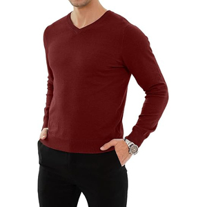 Pull en maille pour homme col en V bordeaux premium, coupe ajustée, élégant et chaud, vente en gros - Product Image 3