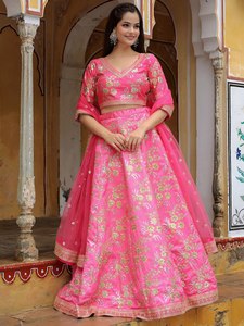 Candy Pink <b>Sequin</b> Work Floral Print Backless Organza Lehenga Choli V-Neck Three Quarter Sleeve A-Line Bridesmaid Dress - Product Image 1