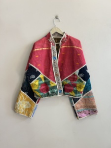 Indian <b>Patchwork</b> Quilted Boho <b>Jacket</b> Women Cotton Coat Vintage Kantha <b>Jacket</b> Reversible Overcoat Short <b>Jacket</b> - Product Image 1