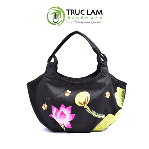 Sac en taffetas avec fond plissé ovale, ouverture incurvée, motifs lotus et abeilles cousus à la main, sac de voyage fait main, prix de gros - Product Image 2