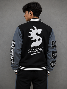 เสื้อแจ็คเก็ตวาร์ซิตี้แบบกำหนดเองสำหรับผู้ชาย เสื้อแจ็คเก็ตเบสบอลแบบ Letterman สีดำ ตัวเสื้อทำจากผ้าขนสัตว์ แขนเสื้อทำจากหนังสีเทา ปักลายปะติด แจ็คเก็ตบอมเบอร์ - Product Image 2