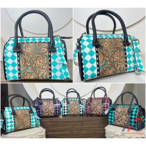 Bolso de Mano Mediano de Cuero Vacuno Hecho a Mano por Diseñador, con Patrón a Cuadros Azul Verdoso y Blanco, para Mujer, Tipo Bandolera - Product Image 1