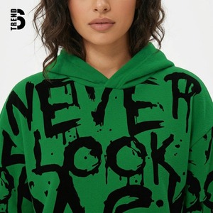 Green Oversized Crop Hoodie With Dripping Print Never Look Back Streetwear Unisex Knitted Cotton Sweatshirt - Product Image 2