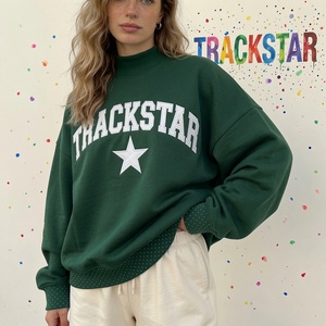 Women's Oversized Graphic Sweatshirt TRACKSTAR Embroidered Star Print <b>Stand</b> Relaxed Fit <b>Drop</b> Shoulder Long Sleeve Breathable - Product Image 4