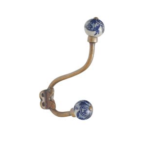 Vintage Metal Double Robe Hook with Blue and White Porcelain Ceramic Balls – Antique <b>Wall</b> <b>Mounted</b> Coat & Hat Hook for Bathroom - Product Image 1