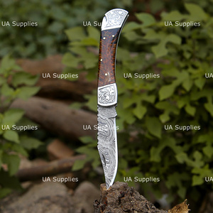 Handmade High Quality Damascus Steel Folding Knife Engraved Pine Cone Handle OEM ODM Pocket Knives with Leather Sheath Wholesale - Product Image 2