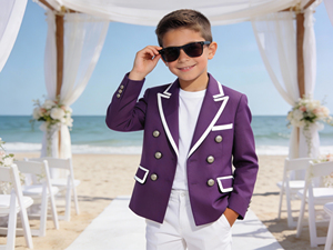 Costume de blazer double boutonnage violet pour garçons avec passepoil blanc |   Veste de cérémonie et de fête pour enfants - Product Image 1