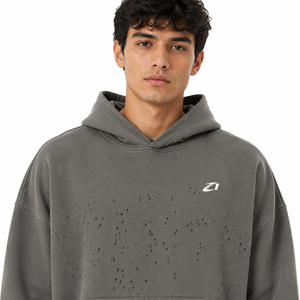 Sweat à capuche pour homme en molleton de coton gris anthracite délavé, effet usé et troué, coupe oversize à épaules tombantes, style streetwear, fabricant de marque privée - Product Image 5