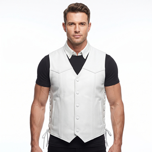Men's Genuine Leather Side Lace Vest Men's Leather <b>Waistcoat</b> for Bike Riders Button Down Leather Vest - Product Image 1