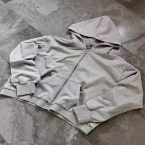 Sudadera con capucha vintage para hombre, personalizada, con cremallera, pedrería brillante, de algodón grueso, felpa francesa, lavado ácido - Product Image 3