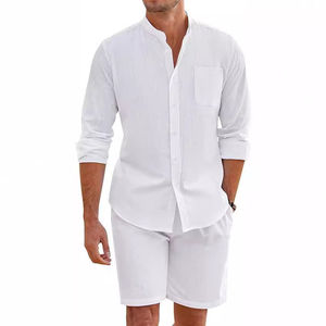 Conjunto de Dos Piezas de Verano para Hombre, Camisa de Manga Larga con Botones, Pantalones Cortos, Cárdigan, Ropa Casual de Playa, Conjunto Deportivo de 2 Piezas, Conjunto de Pantalones Cortos de Lino para Hombre - Product Image 1