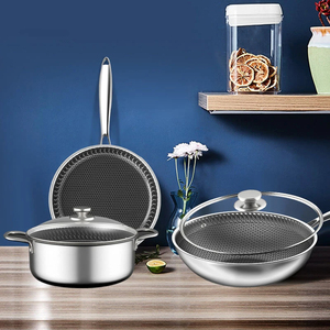 Premium Hammered Finish Wok <b>Set</b> With Tempered Glass Lid Wooden Handle Deep Cooking Pan For Stir Fry Noodles - Product Image 4