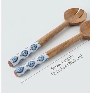 Tazón de Madera con Patrón Geométrico Esmaltado en Azul, 10 Pulgadas de Diámetro, Solo Lavar a Mano, Juego de Utensilios - Product Image 2