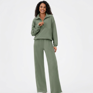 Conjunto Deportivo Verde para Mujer con Cierre de Cremallera a la Mitad, Pantalones Anchos de Pierna Larga, Corte Holgado Informal, 100% Algodón, Ropa de Otoño - Product Image 1