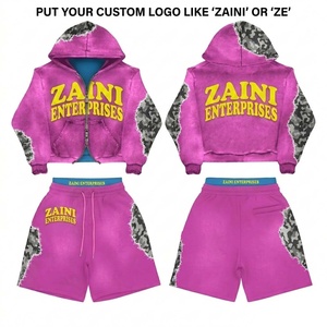 <b>Men</b> <b>Hoodie</b> Short Set Premium 320 GSM Cotton Fleece Acid Wash Pink <b>Camo</b> Panel Puff Print Custom Logo Casual Streetwear Outfits - Product Image 1