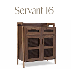 Meuble de rangement de salon en bois massif noyer foncé grande capacité avec portes en rotin, buffet moderne - Product Image 1