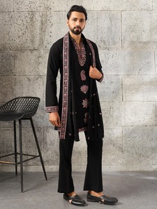Elegant Black Japanese Lachka Embroidered <b>Kurta</b> Dupatta Set <b>men</b> - Product Image 4