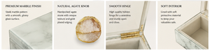 Cream <b>White</b> Glass Jewelry Storage Box Set with Natural Agate Accent <b>Gold</b> Edging Glossy Finish Decorative Keepsake Organizer - Product Image 3