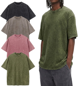 เสื้อยืดโอเวอร์ไซส์ผู้ชายสไตล์วินเทจ ปักลายตามสั่ง ผ้าคอตตอนหนานุ่ม ทรงหลวมไหล่ตก พิมพ์ลายแบบเรียบง่าย ล้างสีแบบแอซิดวอช - Product Image 1