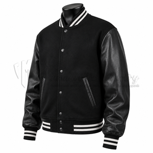 Custom Black Wool Leather Varsity <b>Jacket</b> <b>Men</b> <b>White</b> Stripe Rib Letterman Baseball <b>Jacket</b> OEM Embroidery Bulk Manufacturer - Product Image 3