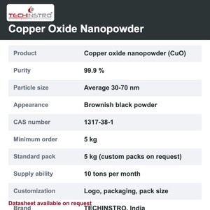 Lab Grade Copper Oxide Nanopowder 99.9% CuO Nanoparticles 30-70 nm for Solar Energy Materials Sample Available - Product Image 5