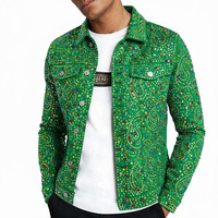 Chemise en jean pour homme, verte, à motif cachemire et broderie de sequins, décontractée, à manches longues, col boutonné, coupe droite, en sergé de coton, pour l'automne