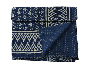 Silkgram Traditional <b>Hand</b> Block Cotton Kantha Quilt Floral Pattern Blue Folded Eco-Friendly All-Season Home Decor - Product Image 3