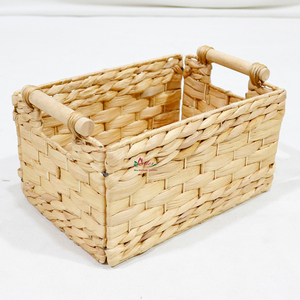 <b>Rectangular</b> Natural Water Hyacinth Storage <b>Basket</b> With Wooden Handles Rustic Style Multi-Purpose Organizer - Product Image 1