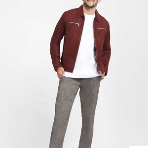 <b>Men's</b> <b>Suede</b> Bomber <b>Jacket</b> Maroon Stand Collar Zipper Closure Casual Winter Style Slim Fit Regular Length Windproof Front Logo - Product Image 1
