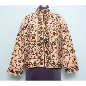 Veste en cotisse à col mandarin brodée de fleurs, doublure en coton faite à la main, écologique, respirante, séchage rapide, été automne, vintage - Product Image 1