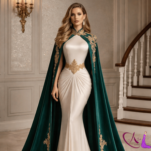 Elegante Vestido de Sirena Blanco con Capa Bordada en Verde Esmeralda |   Vestido de noche de diseñador de lujo con cuello alto para eventos de gala - Product Image 2