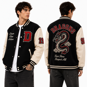 Chaqueta Letterman Azul Marino Personalizada con Logotipo Bordado de los Hawks en la Espalda, Parches de Chenilla, Ropa Deportiva Universitaria, Estilo Venta al Por Mayor - Product Image 1
