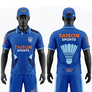 Maillot de badminton pour homme en polyester premium, respirant, avec empiècements géométriques bleus, logo personnalisé par sublimation, polo - Product Image 6