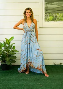 Women’s Light Blue <b>Brown</b> <b>Tie</b> Dye Rayon V Neck Maxi Dress Sleeveless Backless Loose Fit Boho Beach Summer Dress - Product Image 4