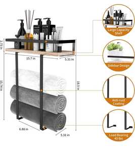Porte-serviettes mural avec étagère en bois, étagère de rangement en métal pour petite salle de bain - Product Image 3