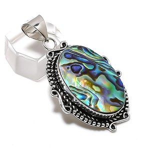 Vintage Cute <b>Abalone</b> <b>Shell</b> Pendant Antique 925 Silver Plated Channel Setting Oval Shape Stones Solitaire Charm Unisex Women - Product Image 3