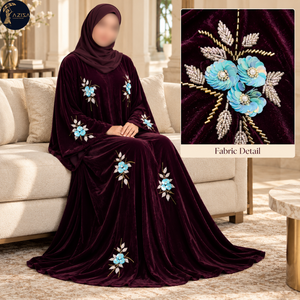 Tela de Terciopelo Borgoña con Bordado de Flores Azules con Lentejuelas |   Tela Suave con Adornos para una Elegante Abaya Floral - Product Image 3