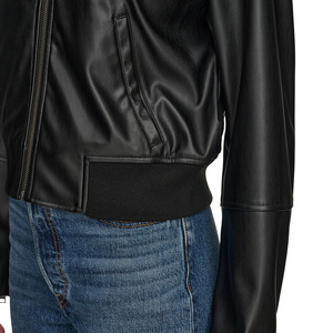 Chaqueta bomber de cuero PU negra para mujer, estilo vintage, imitación cuero, con cuello extendido, cierre de cremallera, estilo motociclista, informal. - Product Image 4