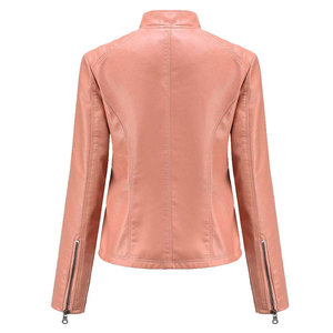 <b>Women's</b> Genuine <b>Leather</b> Motorcycle <b>Jacket</b> Stand Collar Zipper Winter Solid Finished <b>Moto</b> Biker Coat Pink Autumn - Product Image 2