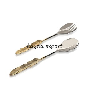 Cuillère à salade en acier inoxydable avec manche plaqué or style Gingko, design luxueux - Product Image 2