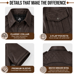 <b>Mens</b> Vintage <b>Brown</b> Leather <b>Shirt</b> Short Sleeve Genuine Cowhide Button Casual Biker Quilted Shoulders Double Flap Anti-UV - Product Image 5