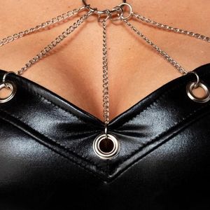 Women's PU Leather Choker Neck Bodycon Mini Dress With Chain Decoration <b>Cap</b> Sleeve Fitted Party Wear Sexy Solid Color - Product Image 5