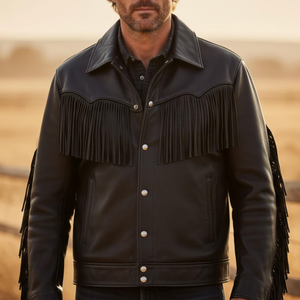 Men's Black Leather <b>Jacket</b> With Fringe Turn-down Collar Vintage <b>Western</b> Style Regular Fit Autumn Wear - Product Image 1