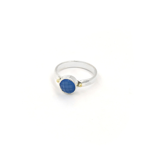 Ink Blue Chalcedony <b>Ring</b> Round Checker Cut Handmade <b>Silver</b> Plated Gemstone <b>Ring</b> with Gold Ball Accents Minimalist <b>Statement</b> <b>Ring</b> - Product Image 2