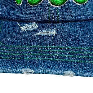 Dark Blue Washed Distressed Denim Baseball <b>Cap</b> with Green Embroidered 1908 Design Adjustable <b>Vintage</b> Casual Outdoor Fashion Hat - Product Image 3