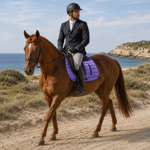 Tapis de selle matelassé festonné violet avec bordure à double cordon |   Sangles de sécurité pour équipement équestre raffiné - Product Image 3